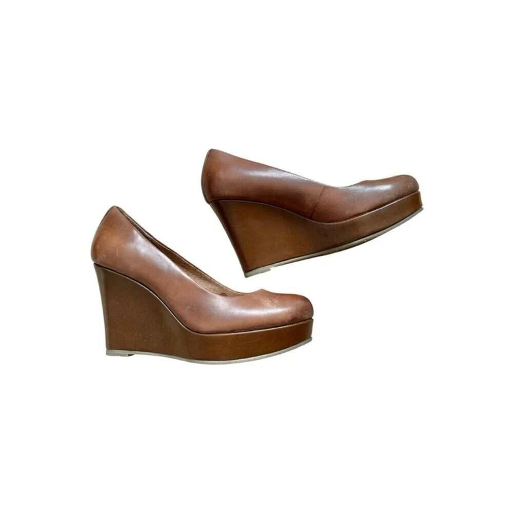 ALDO Cognac Brown Leather Platform Wedge Heel Shoes - Size 7.5